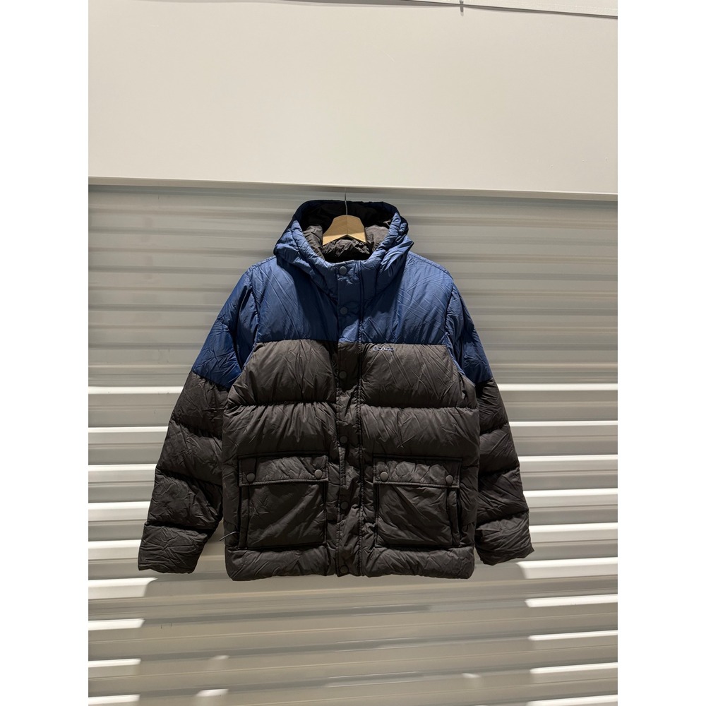 Prana Mens Hooded Puffer‎ Jacket Blue Charcoal Grey Down Insulated Parka Small